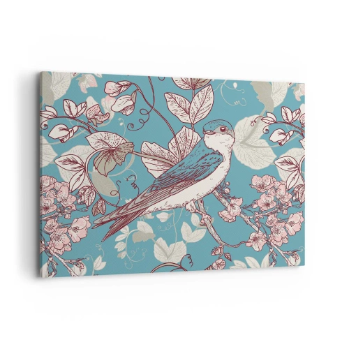 Obraz na płótnie - Ptak na gałęzi w delikatnym floralnym stylu - 100x70cm - W białodrzewiu ćwirnie i srebliście - Nowoczesna dekoracja ścienna do salonu, kuchni i sypialni ARTTOR
