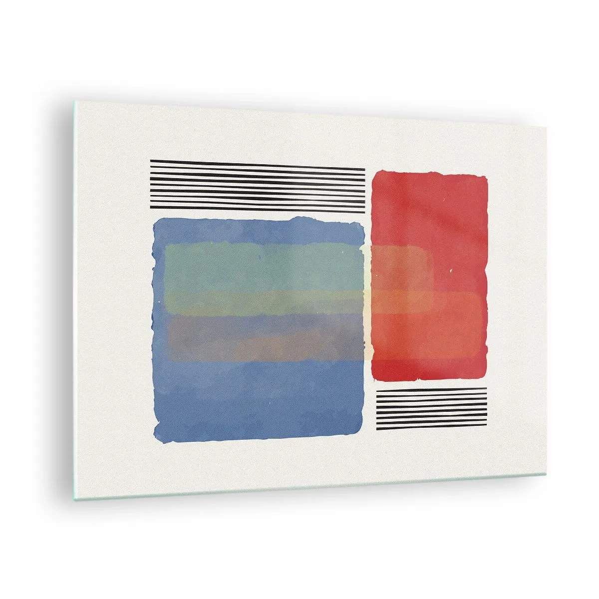 Obraz na szkle - Geometryczna kompozycja z prostokątami w czerwieni i błękicie - 70x50cm - Duch i litera geometrii - Nowoczesna dekoracja ścienna do salonu i sypialni ARTTOR