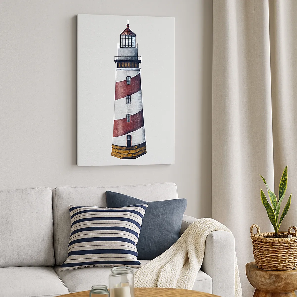 Obraz na płótnie - Ilustracja latarni morskiej w czerwono-białe pasy na jasnym tle. - 50x70cm - Zawsze na straży - Nowoczesna dekoracja ścienna do salonu, kuchni i sypialni ARTTOR