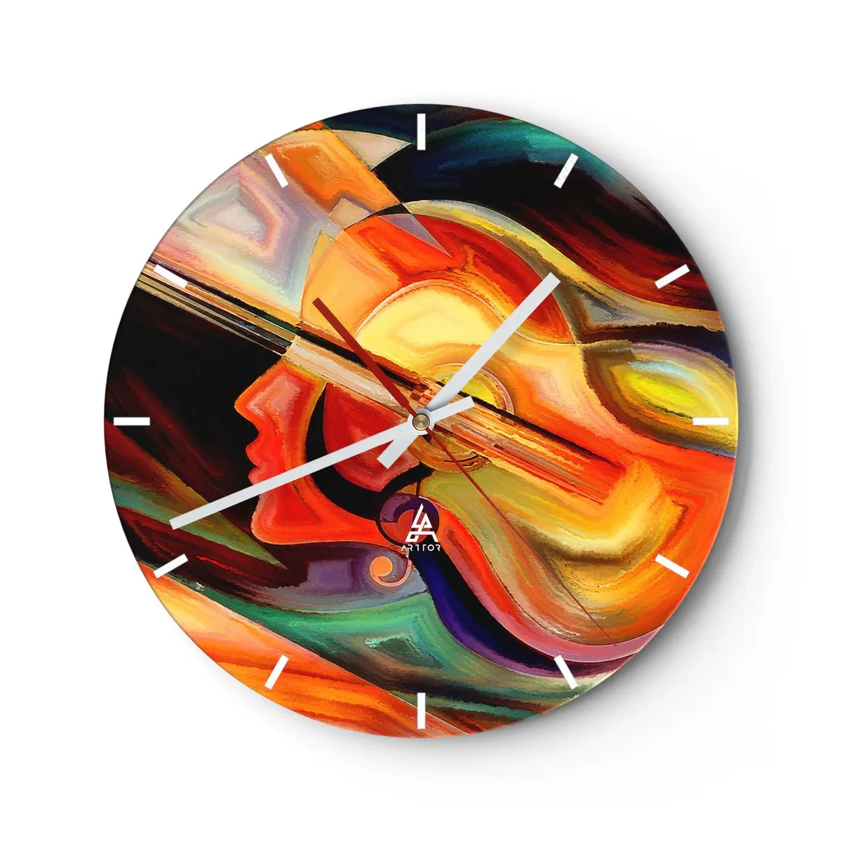 Zegar ścienny - Abstrakcyjny obraz przedstawiający gitarę i twarz w ciepłych barwach - 30x30cm - Wszystko gra - Nowoczesna dekoracja ścienna do salonu, kuchni i sypialni ARTTOR