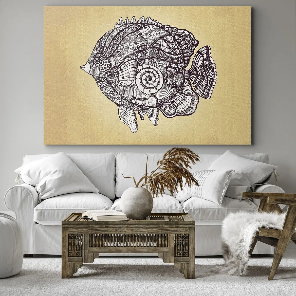 Obraz na płótnie - Dekoracyjna ryba w stylu rysunku z wzorami - 70x50cm - Z oceanu ornamentów - Nowoczesna dekoracja ścienna do salonu i sypialni ARTTOR
