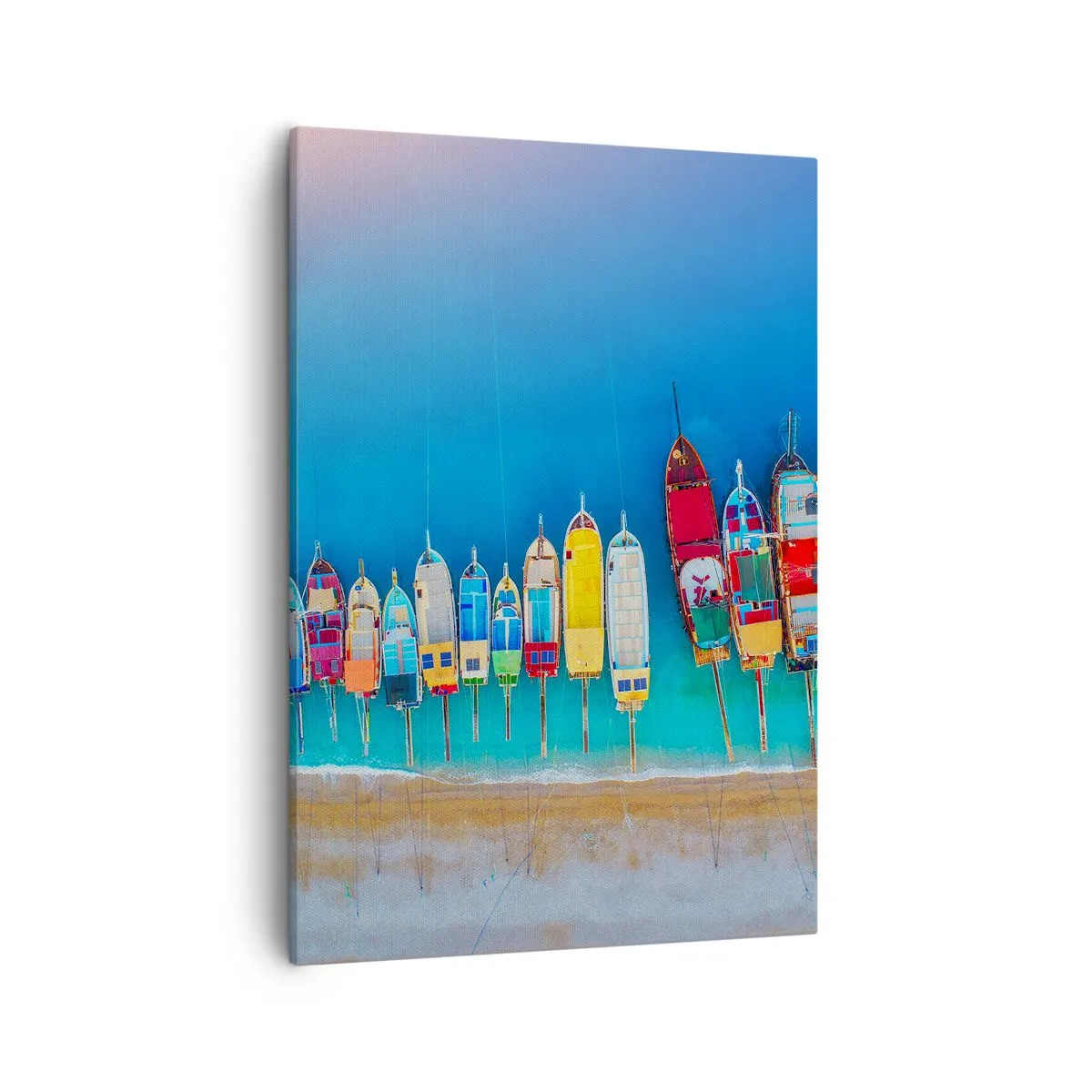 Obraz na płótnie - Kolorowe łodzie przy plaży na turkusowej wodzie - 50x70cm - Z lotu ptaka - Nowoczesna dekoracja ścienna do salonu, kuchni i sypialni ARTTOR