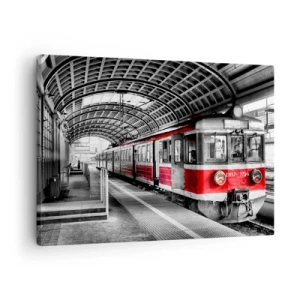 Obraz na płótnie - Czerwony pociąg na stacji pod zadaszeniem - 70x50cm - Może to podróż życia? - Nowoczesna dekoracja ścienna do salonu i sypialni ARTTOR