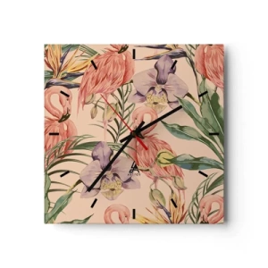 Zegar ścienny - Flamingi i tropikalne kwiaty na jasnym tle - 30x30cm - Różowy balet w kwiatach - Nowoczesna dekoracja ścienna do salonu i sypialni ARTTOR