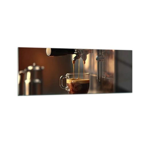 Obraz na szkle - Ekspres do kawy z filiżanką aromatycznego espresso - 140x50cm - Zmysłowa mikstura - Nowoczesna dekoracja ścienna do salonu i sypialni ARTTOR