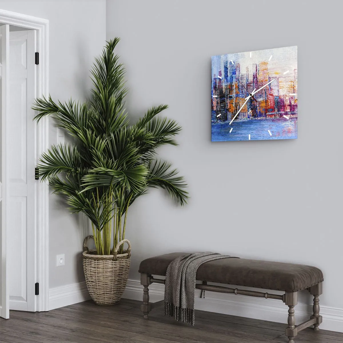 Zegar ścienny - Kolorowa panorama miasta z refleksami na wodzie - 30x30cm - Radosna metropolia - Nowoczesna dekoracja ścienna do salonu i sypialni ARTTOR