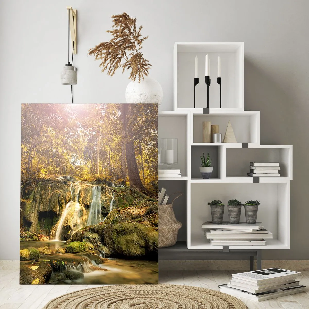 Obraz na szkle - Leśna kaskada w zieleni - 50x70cm - Leśna kaskada w zieleni - Nowoczesna dekoracja ścienna do salonu, kuchni i sypialni ARTTOR