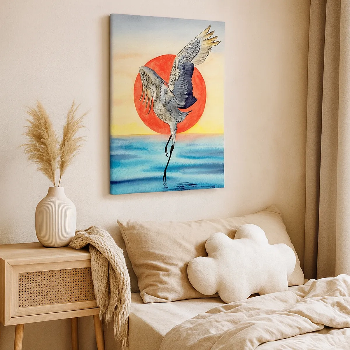 Obraz na płótnie - Akwarelowy żuraw na tle czerwonego słońca i błękitnej wody - 50x70cm - Czas wracać - Nowoczesna dekoracja ścienna do salonu, kuchni i sypialni ARTTOR