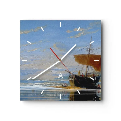 Zegar ścienny - Statek na brzegu morza w słoneczny dzień - 30x30cm - Woda, ziemia, powietrze - Nowoczesna dekoracja ścienna do salonu i sypialni ARTTOR