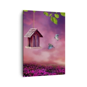 Obraz na płótnie - Budka dla ptaków na tle zachodu słońca - 50x70cm - Zaproszenie na kolację - Nowoczesna dekoracja ścienna do salonu, kuchni i sypialni ARTTOR