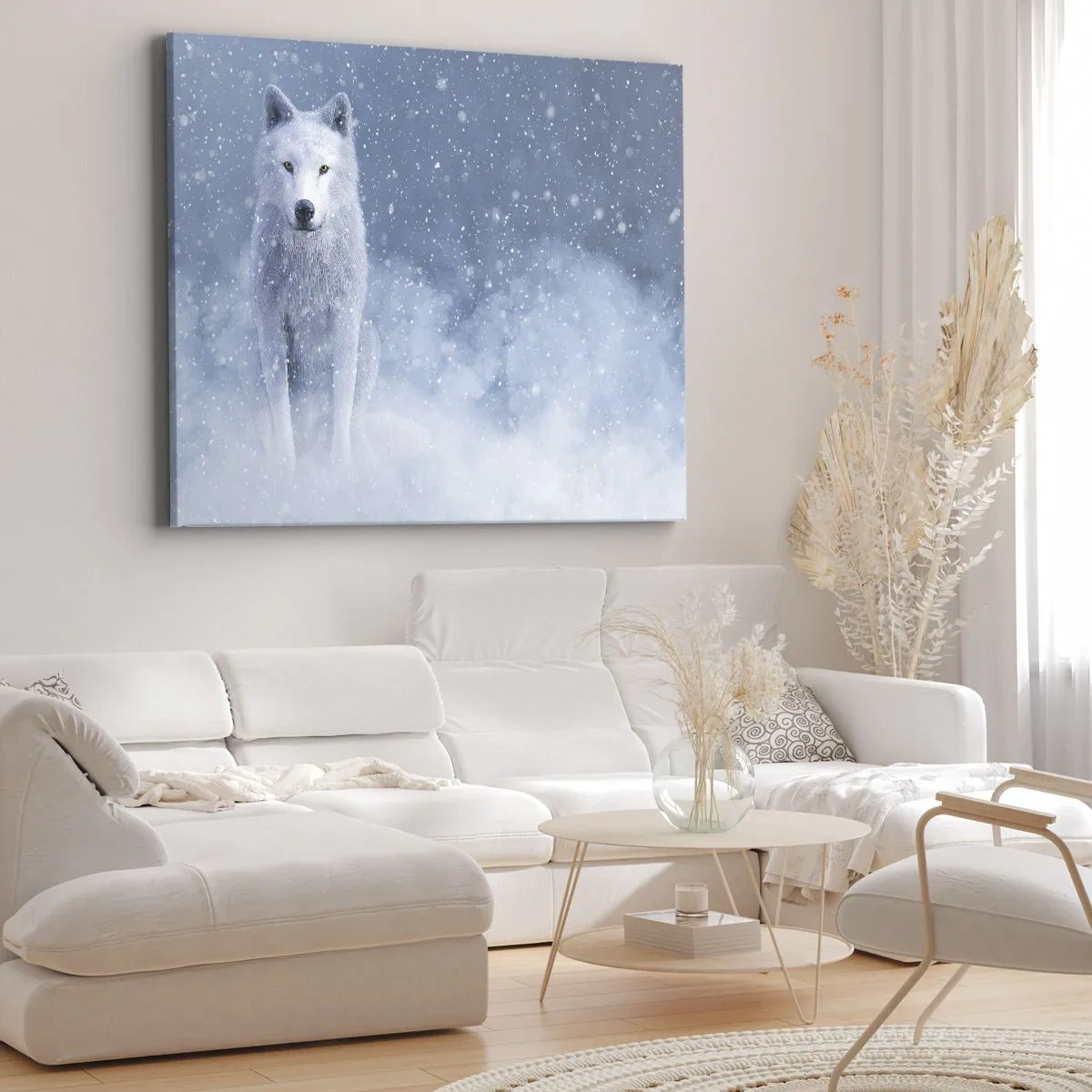 Obraz na płótnie - Biały wilk w śnieżnej scenerii - 70x50cm - W zimowym duchu - Nowoczesna dekoracja ścienna do salonu i sypialni ARTTOR