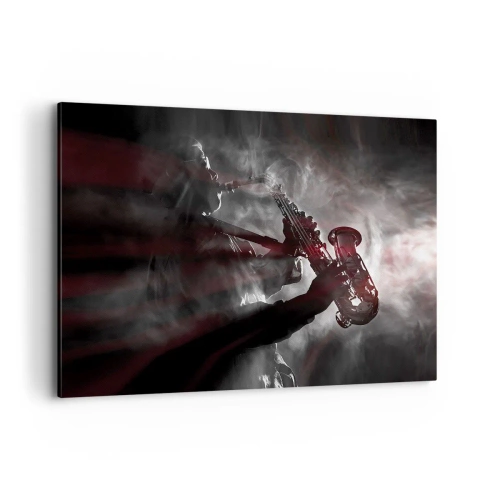 Obraz na płótnie - Saksofonista w dymie na scenie w klimatycznej czerni i czerwieni - 120x80cm - W oparach jazzu - Nowoczesna dekoracja ścienna do salonu, kuchni i sypialni ARTTOR