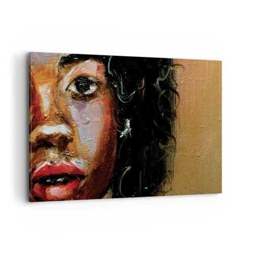 Obraz na płótnie - Ekspresyjny portret kobiety w intensywnych barwach - 120x80cm - Czerń i blask - Nowoczesna dekoracja ścienna do salonu, kuchni i sypialni ARTTOR