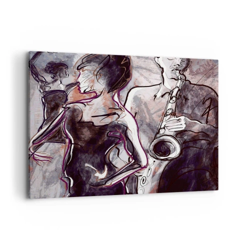 Obraz na płótnie - Abstrakcyjna scena jazzowa z saksofonistą i tańczącą kobietą - 120x80cm - Rozpłynąć się w muzyce - Nowoczesna dekoracja ścienna do salonu, kuchni i sypialni ARTTOR