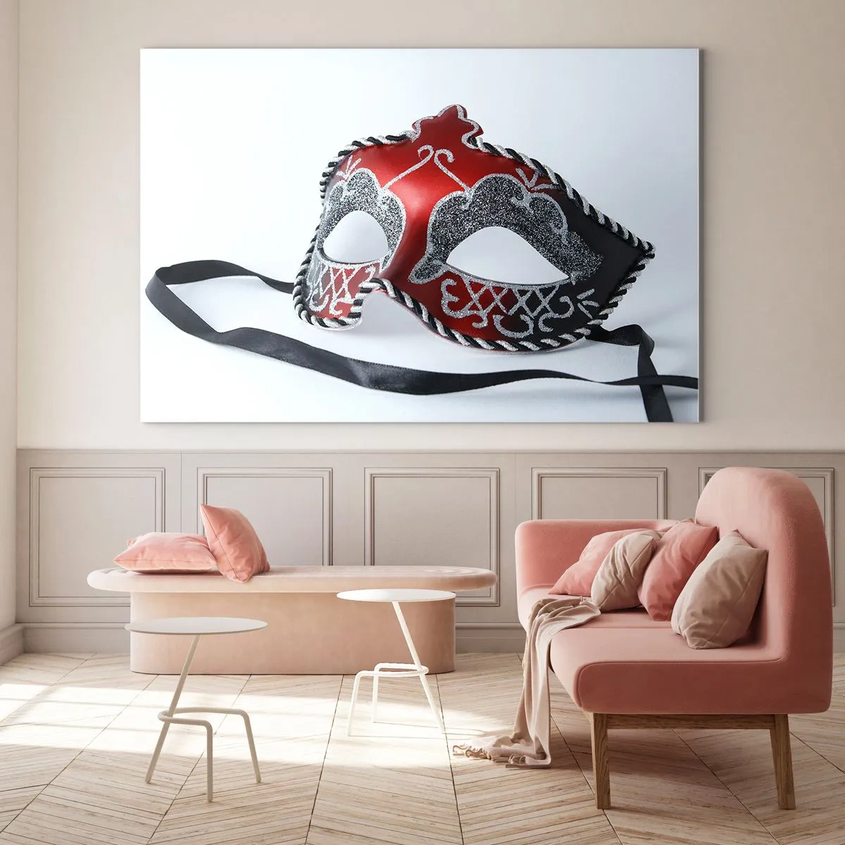 Obraz na szkle - Maska karnawałowa w czerwieni i srebrze - 120x80cm - Zaproszenie na bal - Nowoczesna dekoracja ścienna do salonu, kuchni i sypialni ARTTOR