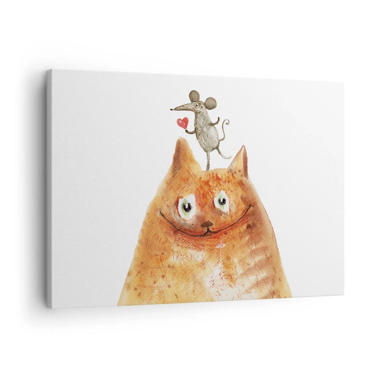 Obraz na płótnie - Rysunek kota z myszą na głowie trzymającą serce - 70x50cm - Paradoksy miłości - Nowoczesna dekoracja ścienna do salonu i sypialni ARTTOR