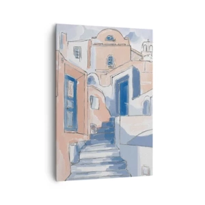 Obraz na płótnie - Artystyczna ilustracja śródziemnomorskiej architektury w odcieniach błękitu i beżu - 70x100cm - Egzotyczne miasto - Nowoczesna dekoracja ścienna do salonu i sypialni ARTTOR