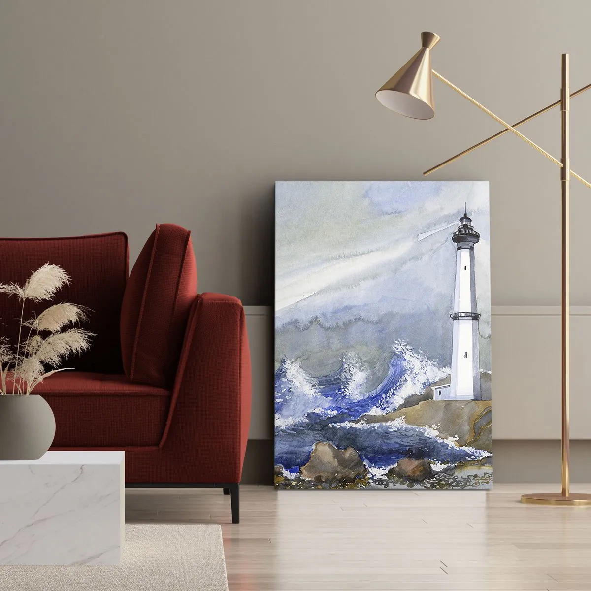 Obraz na płótnie - Latarnia morska na tle wzburzonego morza, malowana akwarelą w odcieniach niebieskiego, białego i beżowego - 50x70cm - Przeciwko ciemności i nawałnicy - Nowoczesna dekoracja ścienna do salonu, kuchni i sypialni ARTTOR