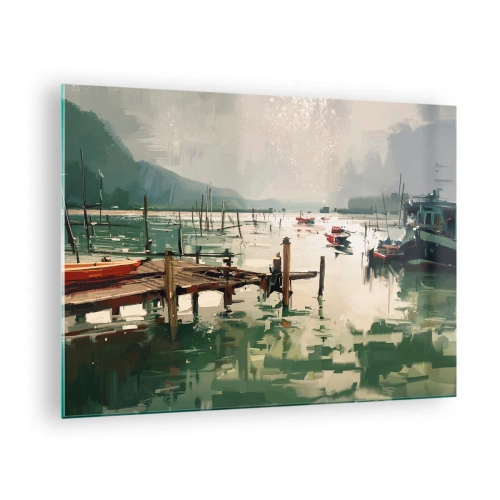 Obraz na szkle - Drewniany pomost i łodzie na spokojnej wodzie otoczonej górami - 70x50cm - Oblane roztopionym księżycem - Nowoczesna dekoracja ścienna do salonu i sypialni ARTTOR
