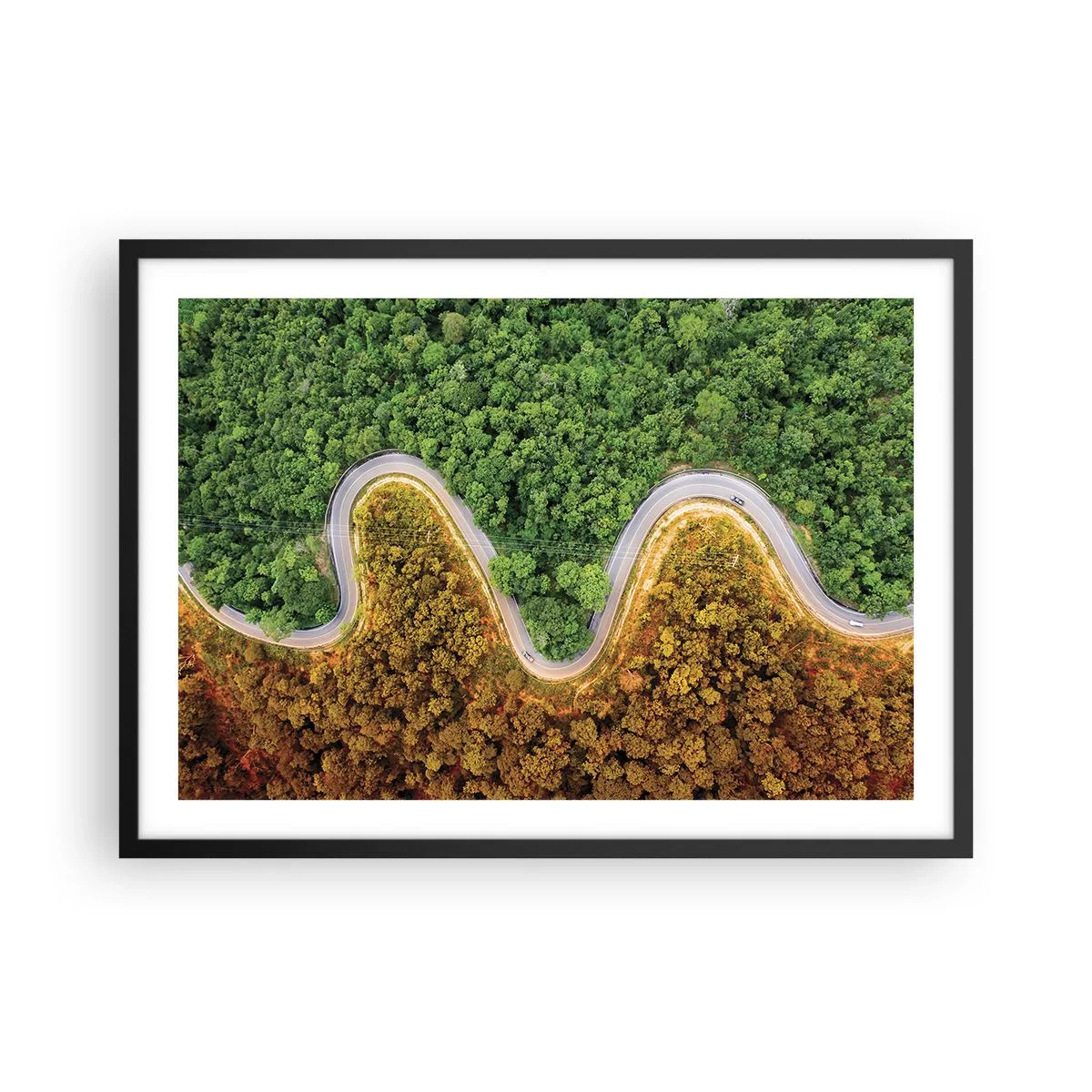 Plakat w czarnej ramie - Zakręcona droga przez las widziana z lotu ptaka - 70x50cm - Granice i przełomy - Nowoczesna dekoracja ścienna do salonu i sypialni ARTTOR