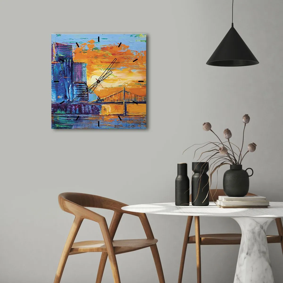 Zegar ścienny - Kolorowe miasto z mostem w zachodzącym słońcu - 30x30cm - Kultura i natura - Nowoczesna dekoracja ścienna do salonu i sypialni ARTTOR