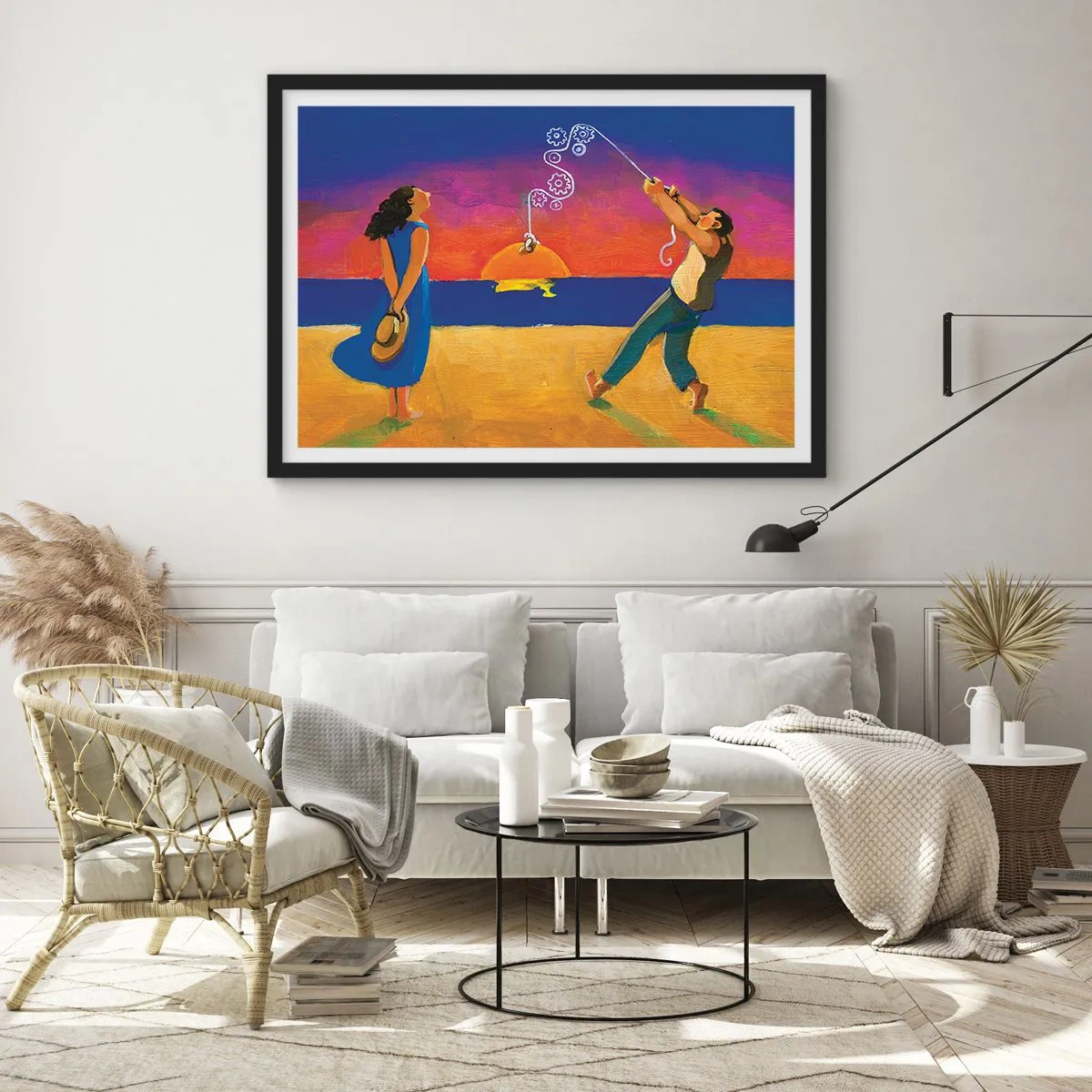 Plakat w czarnej ramie - Postacie nad morzem o zachodzie słońca - 70x50cm - Więcej niż gwiazdka z nieba - Nowoczesna dekoracja ścienna do salonu i sypialni ARTTOR