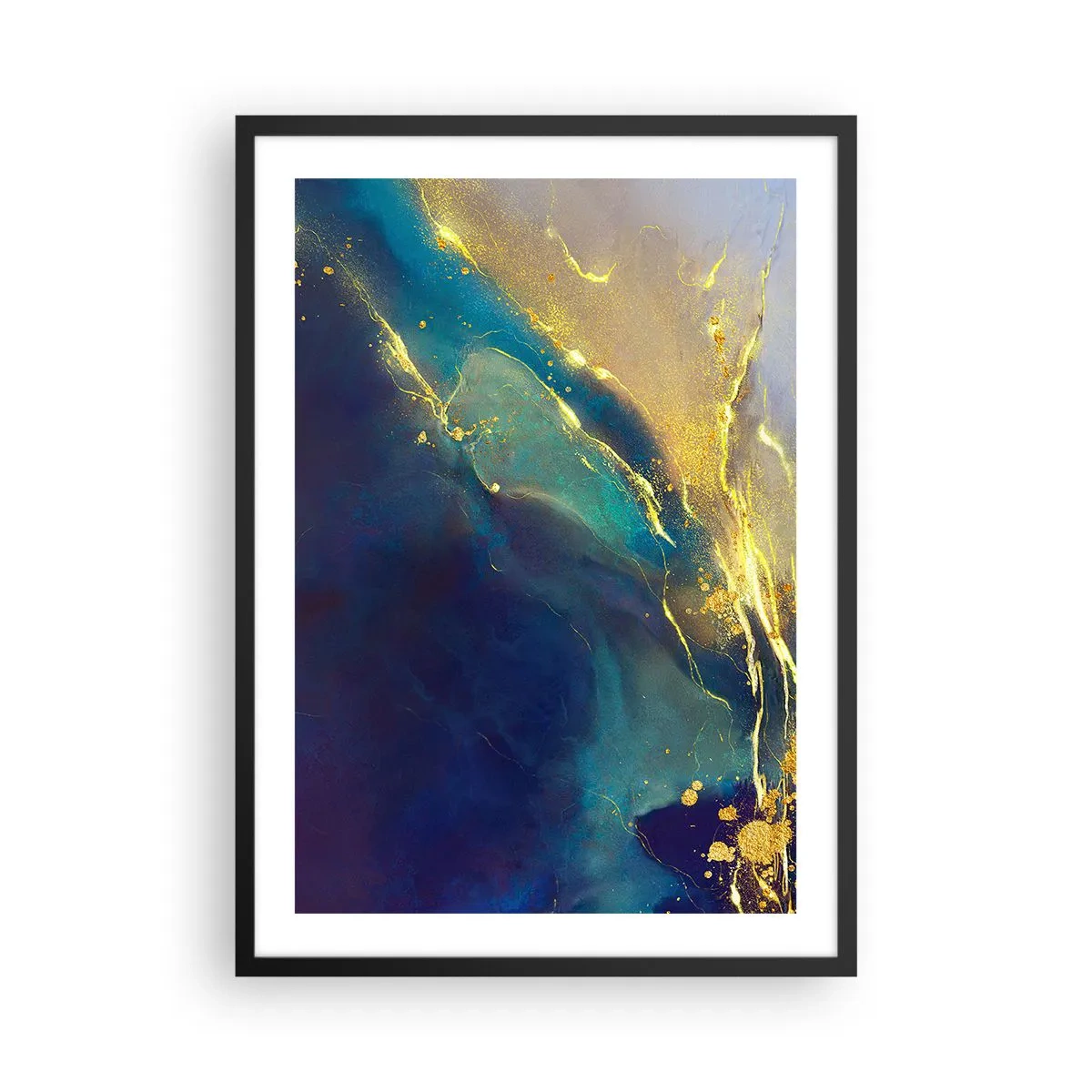 Plakat w czarnej ramie - Abstrakcyjna kompozycja w odcieniach granatu i złota - 50x70cm - Złote rozlewisko - Nowoczesna dekoracja ścienna do salonu i sypialni ARTTOR