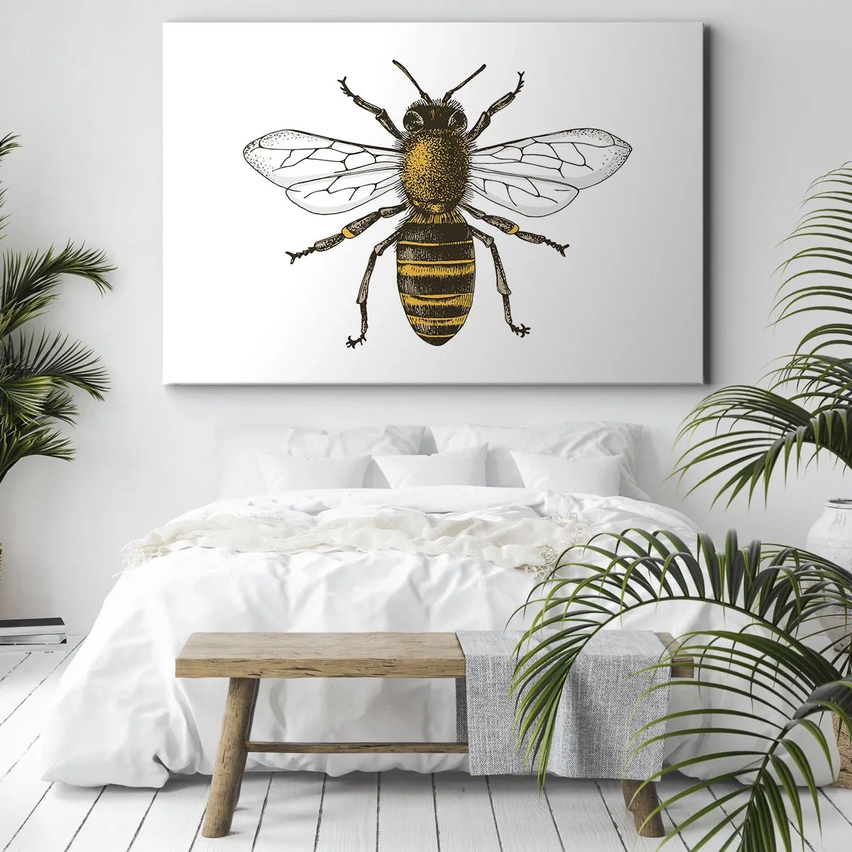 Obraz na płótnie - Szczegółowa ilustracja pszczoły na białym tle - 70x50cm - Piękna i dobra - Nowoczesna dekoracja ścienna do salonu i sypialni ARTTOR