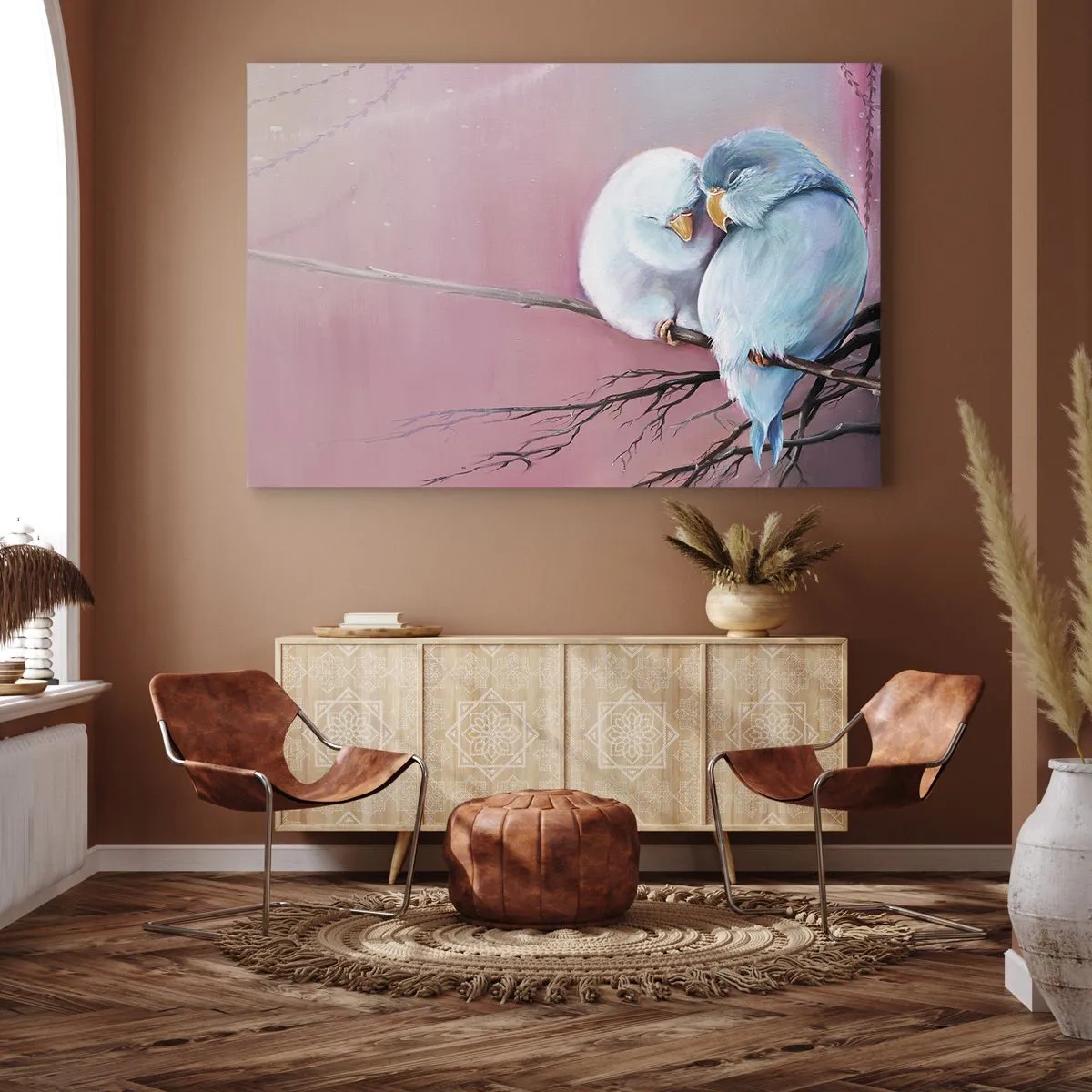 Obraz na płótnie - Dwa zakochane ptaki na gałęzi na różowym tle - 70x50cm - Cóż tu dodać?… - Nowoczesna dekoracja ścienna do salonu i sypialni ARTTOR