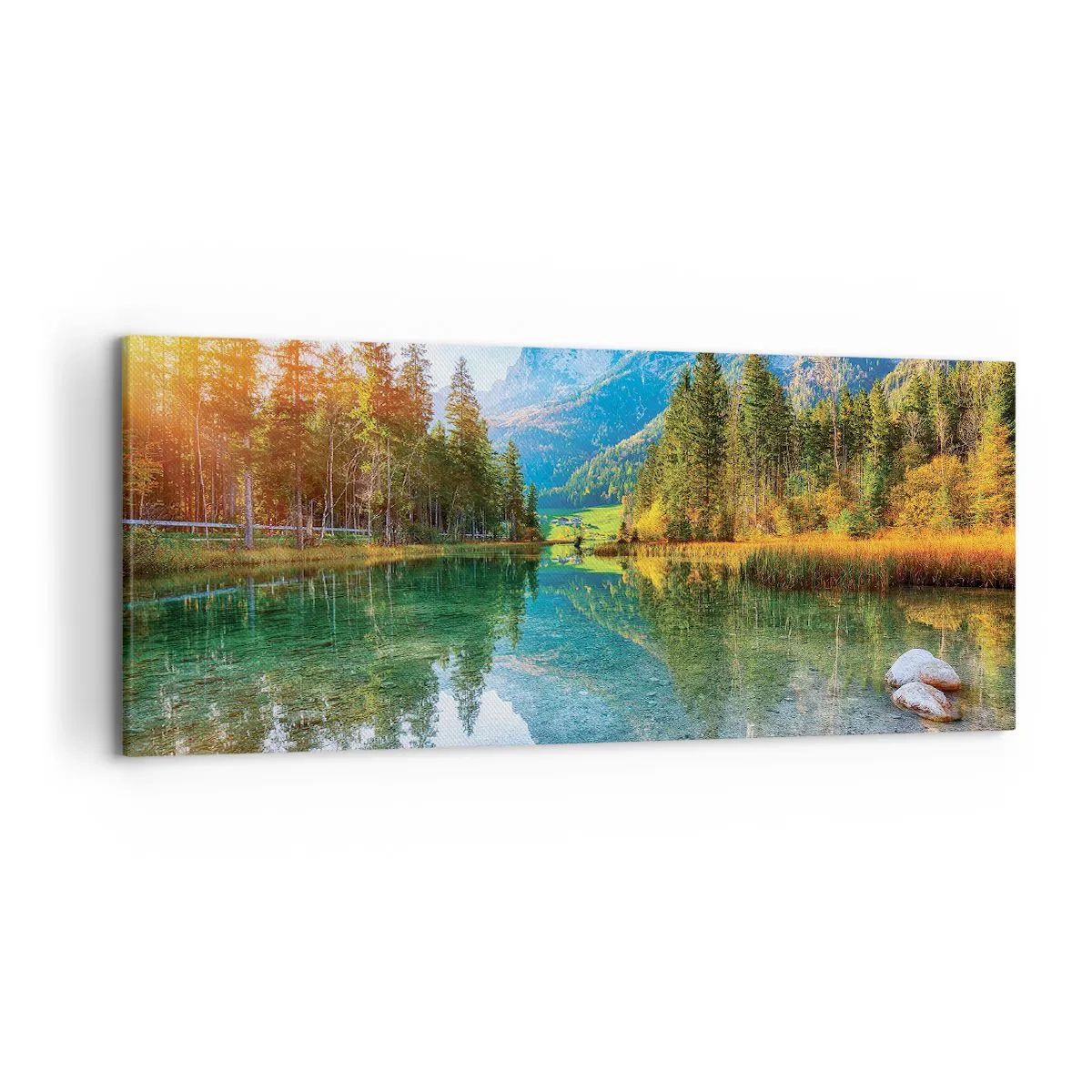 Obraz na płótnie - Malownicze jezioro w otoczeniu gór i lasów - 120x50cm - Łagodność jesieni - Nowoczesna dekoracja ścienna do salonu i sypialni ARTTOR