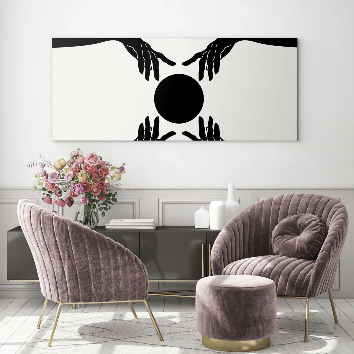 Obraz na szkle - Czarne dłonie w symetrycznej kompozycji z kulą - 120x50cm - Tajemny znak - Nowoczesna dekoracja ścienna do salonu i sypialni ARTTOR