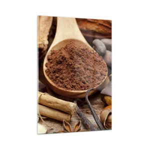 Obraz na szkle - Łyżka z kakao otoczona czekoladą, przyprawami i orzechami - 50x70cm - Najlepsza na smutki - Nowoczesna dekoracja ścienna do salonu, kuchni i sypialni ARTTOR