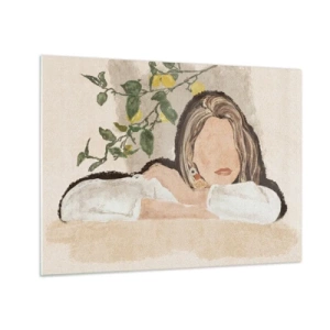 Obraz na szkle - Kobieta oparta na stole wśród gałązek cytrynowego drzewa bez wyraźnych rysów twarzy - 70x50cm - Piękność południa - Nowoczesna dekoracja ścienna do salonu i sypialni ARTTOR