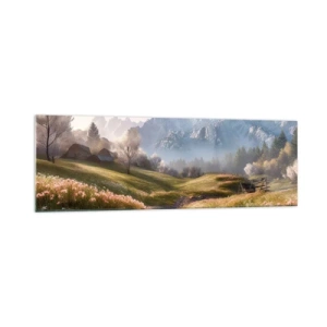 Obraz na szkle - Górska dolina z łąkami, chatami i widokiem na szczyty - 160x50cm - Sielska dolina - Nowoczesna dekoracja ścienna do salonu i sypialni ARTTOR