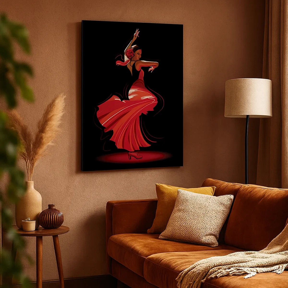 Obraz na płótnie - Stylizowana ilustracja tancerki flamenco w czerwonej sukni na czarnym tle - 50x70cm - Ognisty duch flamenco - Nowoczesna dekoracja ścienna do salonu, kuchni i sypialni ARTTOR