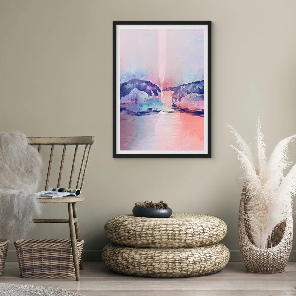 Plakat w czarnej ramie - Abstrakcyjne dłonie w pastelowych kolorach - 50x70cm - Boska iskra życia - Nowoczesna dekoracja ścienna do salonu i sypialni ARTTOR