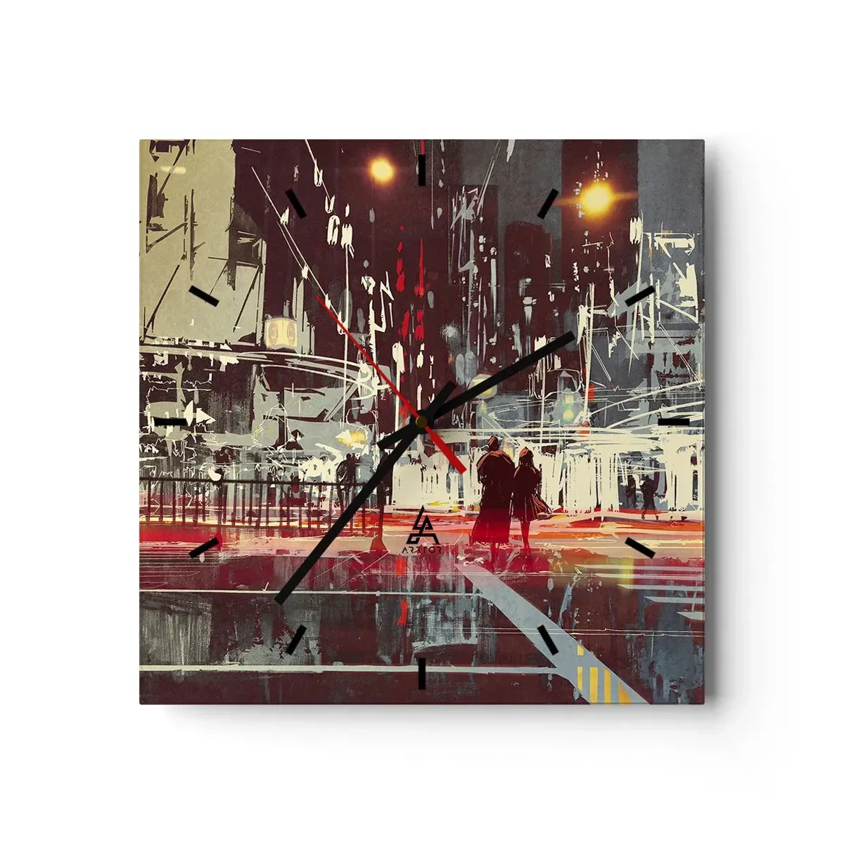 Zegar ścienny - Miasto nocą z neonami i sylwetkami ludzi na ulicy - 30x30cm - Wielkomiejska przeprawa - Nowoczesna dekoracja ścienna do salonu i sypialni ARTTOR