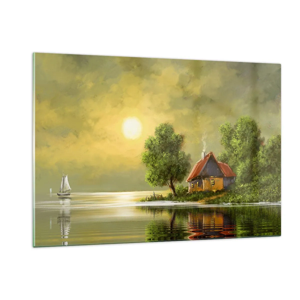 Obraz na szkle - Malowniczy pejzaż z chatą nad jeziorem o zachodzie słońca - 120x80cm - Pięknie, jak z obrazka - Nowoczesna dekoracja ścienna do salonu, kuchni i sypialni ARTTOR