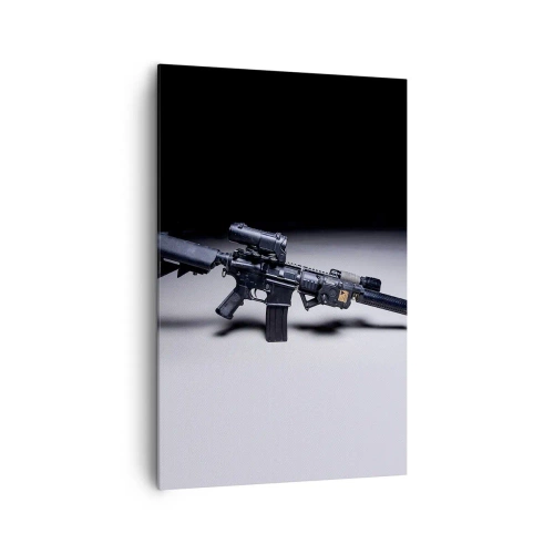 Obraz na płótnie - Nowoczesny karabin w czarnym kolorze na ciemnym tle - 80x120cm - Mroczny rycerz - Nowoczesna dekoracja ścienna do salonu i sypialni ARTTOR