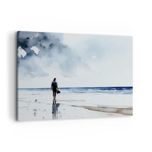 Obraz na płótnie - Postać na plaży w spokojnym otoczeniu morza - 100x70cm - Rozmowa z morzem - Nowoczesna dekoracja ścienna do salonu, kuchni i sypialni ARTTOR