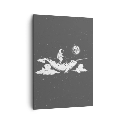 Obraz na płótnie - Astronauta jadący na wielorybie w kosmosie z pełnią księżyca w tle - 50x70cm - Kosmiczny jeździec - Nowoczesna dekoracja ścienna do salonu, kuchni i sypialni ARTTOR