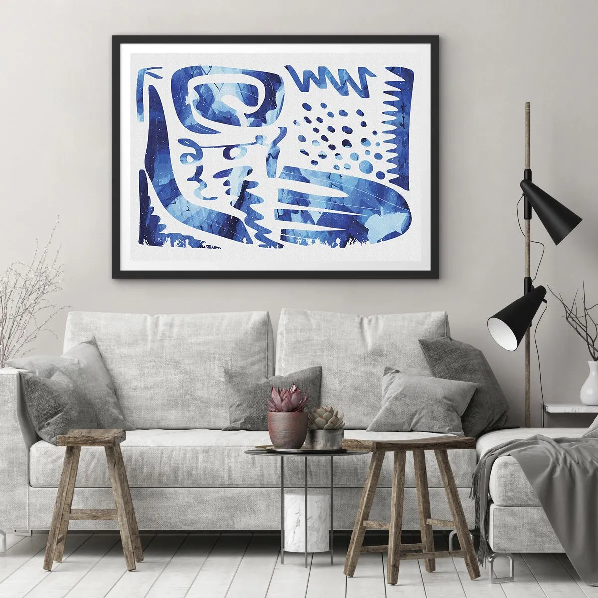 Plakat w czarnej ramie - Abstrakcyjny wzór w odcieniach niebieskiego - 70x50cm - Powrót do korzeni - Nowoczesna dekoracja ścienna do salonu i sypialni ARTTOR