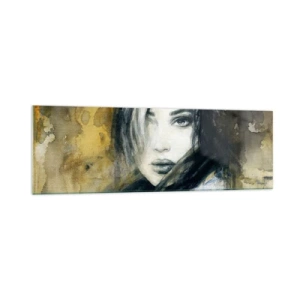 Obraz na szkle - Portret kobiety na tle abstrakcyjnych plam w odcieniach beżu - 160x50cm - bardziej niewinna czy zmysłowa? - Nowoczesna dekoracja ścienna do salonu i sypialni ARTTOR
