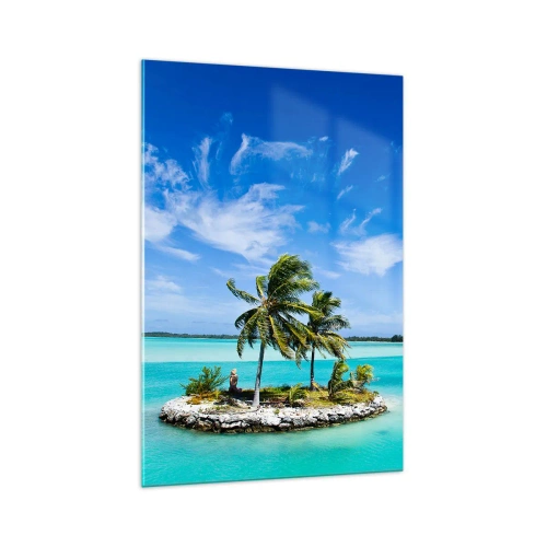 Obraz na szkle - Egzotyczna wysepka z palmami na turkusowej wodzie - 70x100cm - Raj na ziemi - Nowoczesna dekoracja ścienna do salonu i sypialni ARTTOR