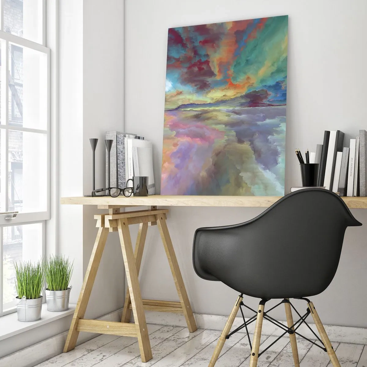 Obraz na szkle - Kolorowe chmury odbijające się w wodzie na horyzoncie - 50x70cm - Dwa nieba - Nowoczesna dekoracja ścienna do salonu, kuchni i sypialni ARTTOR