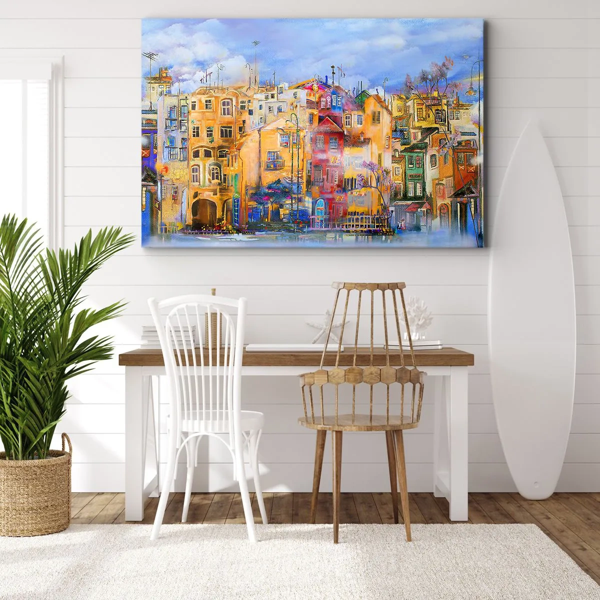 Obraz na płótnie - Kolorowe budynki miejskie w artystycznym stylu - 70x50cm - Jesteśmy razem - Nowoczesna dekoracja ścienna do salonu i sypialni ARTTOR