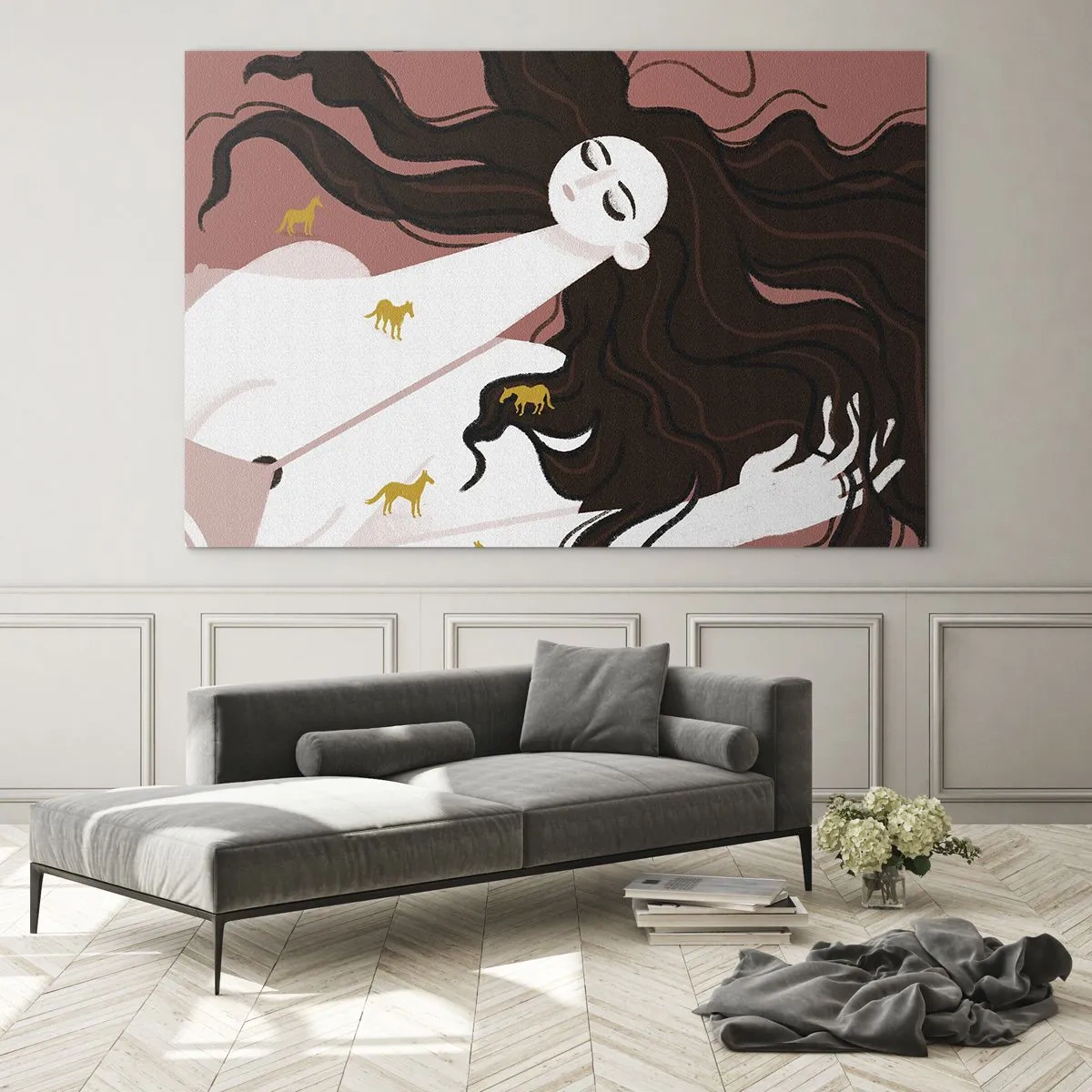 Obraz na szkle - Kobieta z długimi włosami i złotymi końmi na tle różu - 70x50cm - Sen o złotym koniu - Nowoczesna dekoracja ścienna do salonu i sypialni ARTTOR