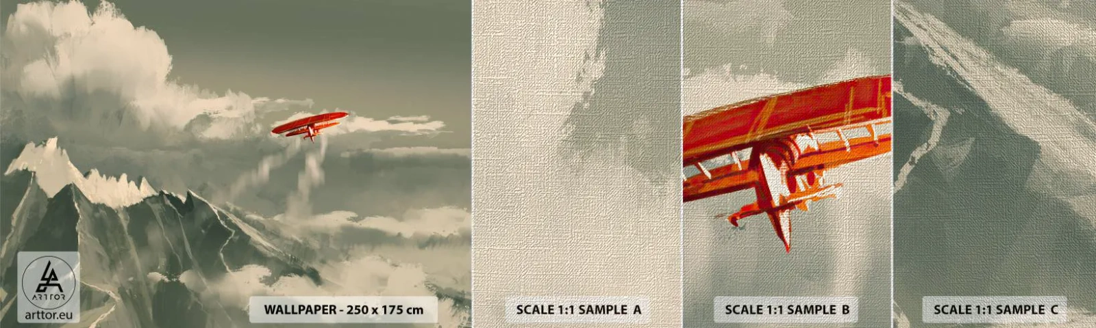 Fototapeta Próbka Premium Canvas - Nieustraszony pionier - Abstrakcja, Samolot, Krajobraz Górski - 100x30 cm