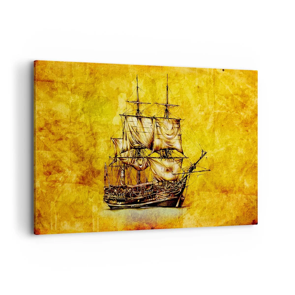 Obraz na płótnie - Stylizowany rysunek żaglowca na złotym tle o vintage charakterze - 100x70cm - Kierunek Tortuga! - Nowoczesna dekoracja ścienna do salonu, kuchni i sypialni ARTTOR