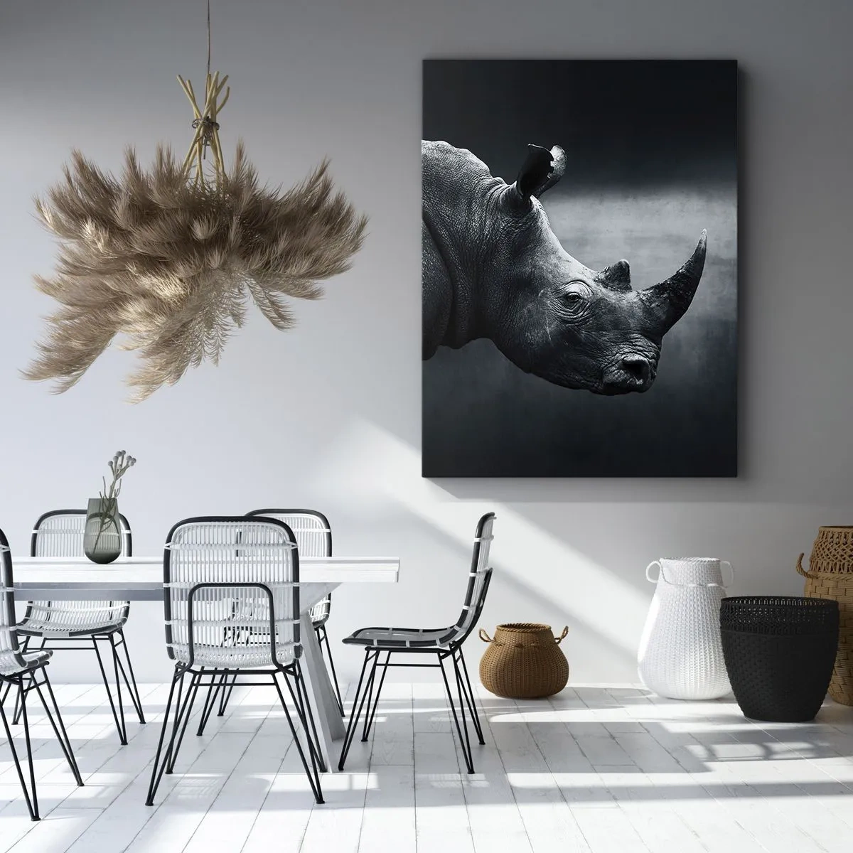Obraz na płótnie - Profil nosorożca w ciemnej tonacji na tle gradientowego tła - 50x70cm - Prawy profil - Nowoczesna dekoracja ścienna do salonu, kuchni i sypialni ARTTOR